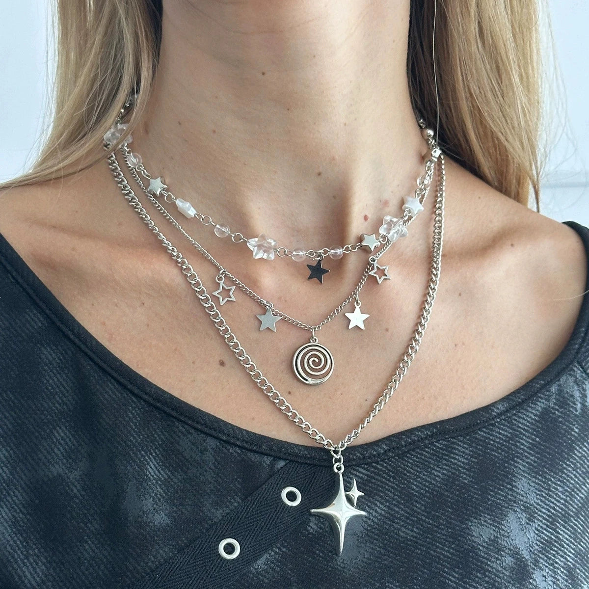 Punk vortex star layered necklace 3-piece set, view 2