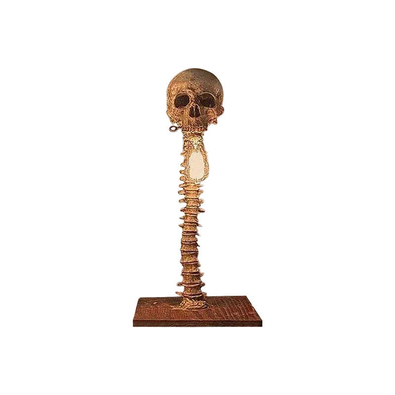 A decorative skull and spine sculpture on a rectangular base, shown with dimension arrows and labels indicating a height of 25 cm (9.8 in) and a base width of 8 cm (3.