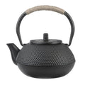 Black cast iron Japanese-style teapot with hobnail texture and cord-wrapped handle