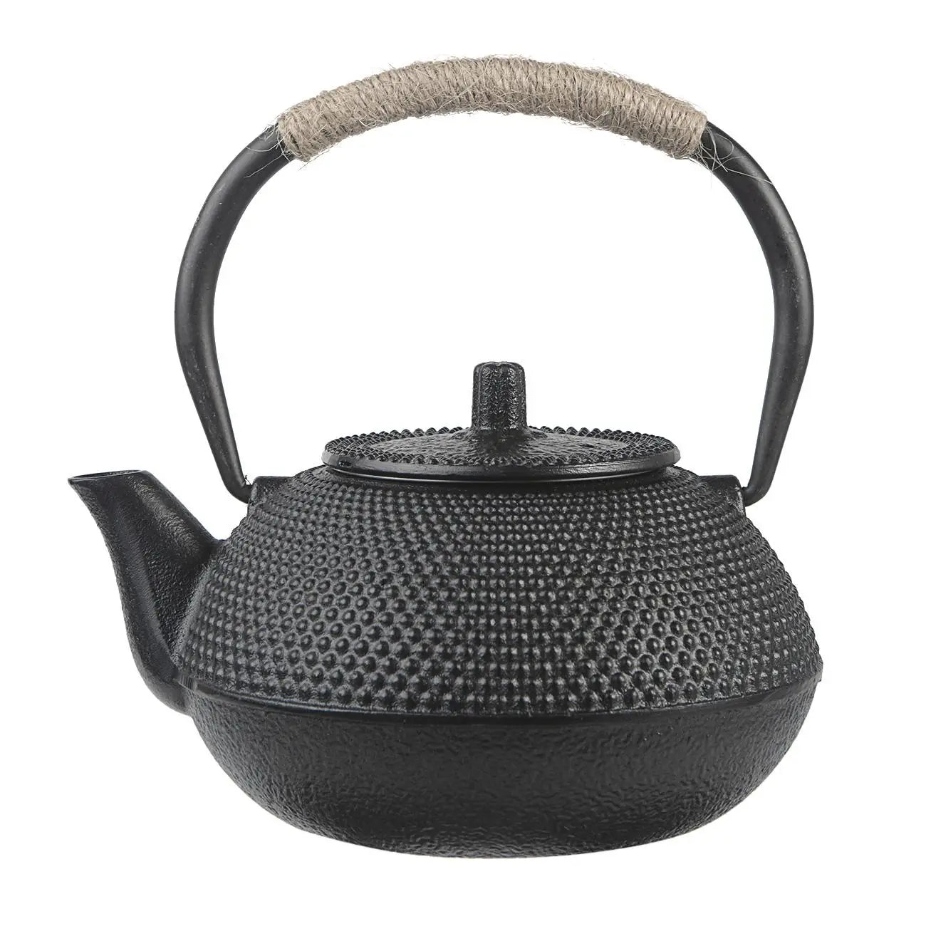 Black cast iron Japanese-style teapot with hobnail texture and cord-wrapped handle