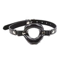 Black lip-shaped silicone open-mouth gag on an adjustable black PU leather strap with metal buckle and rings.