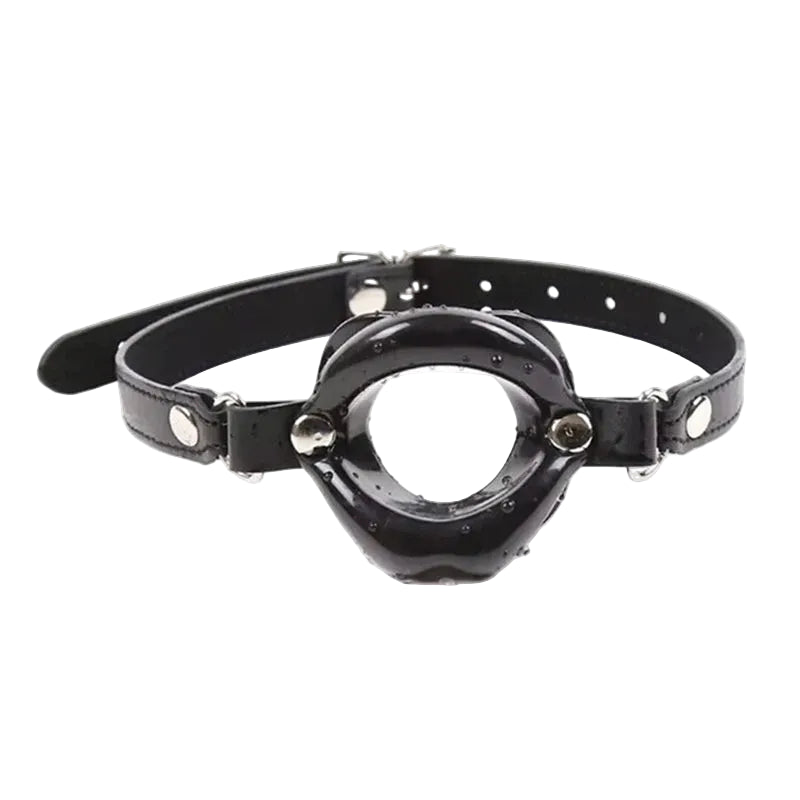 Black lip-shaped silicone open-mouth gag on an adjustable black PU leather strap with metal buckle and rings.