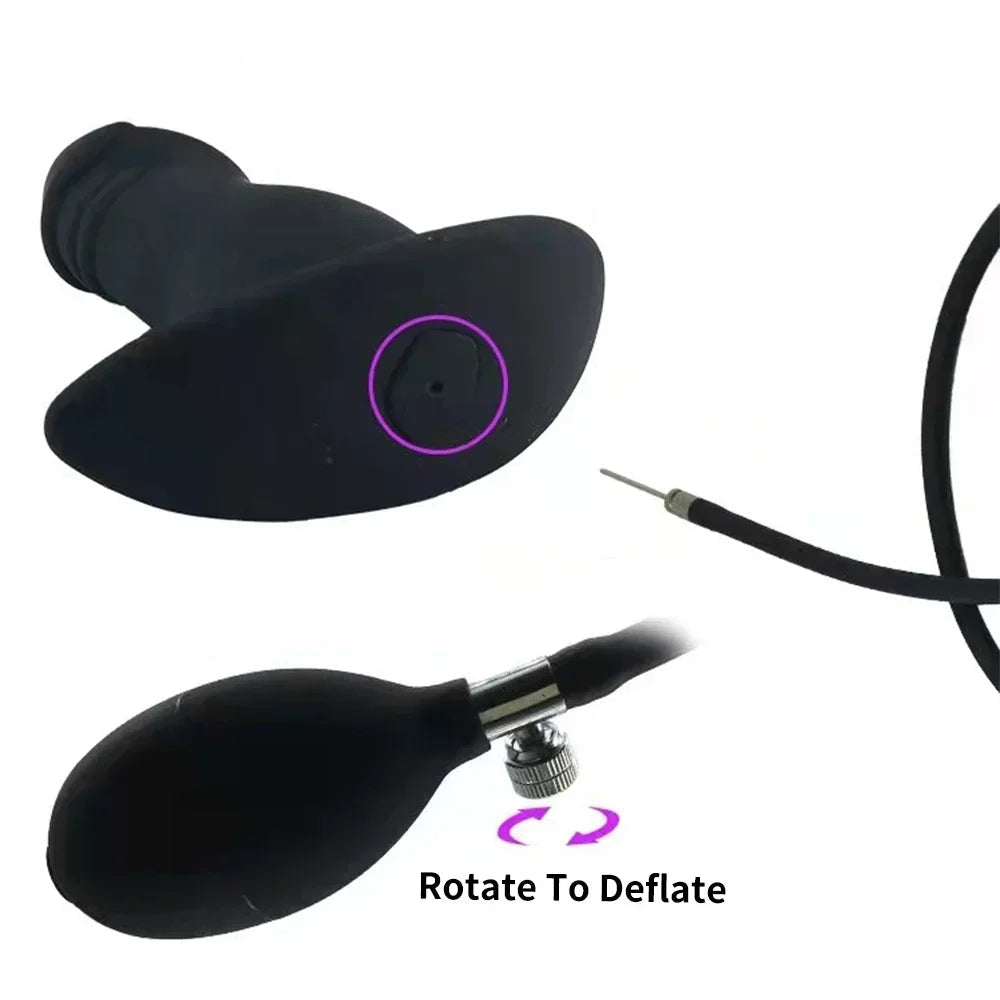 Black inflatable device with purple accents and text explaining its use on a white background