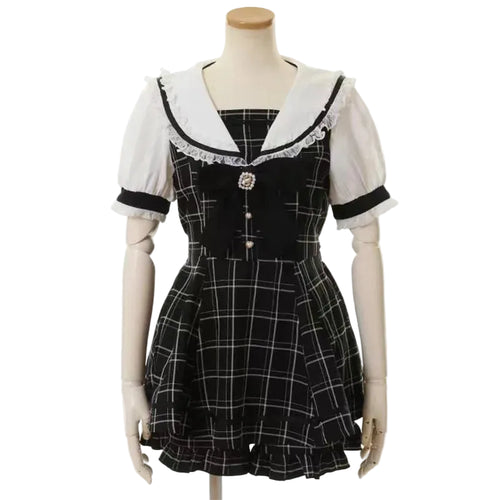 A black gothic lolita plaid dress and shorts set with sailor collar and bow detail, shown against a plain white background.