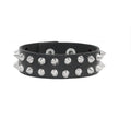 Black PU leather cuff set with two rows of pointed silver cone spikes.
