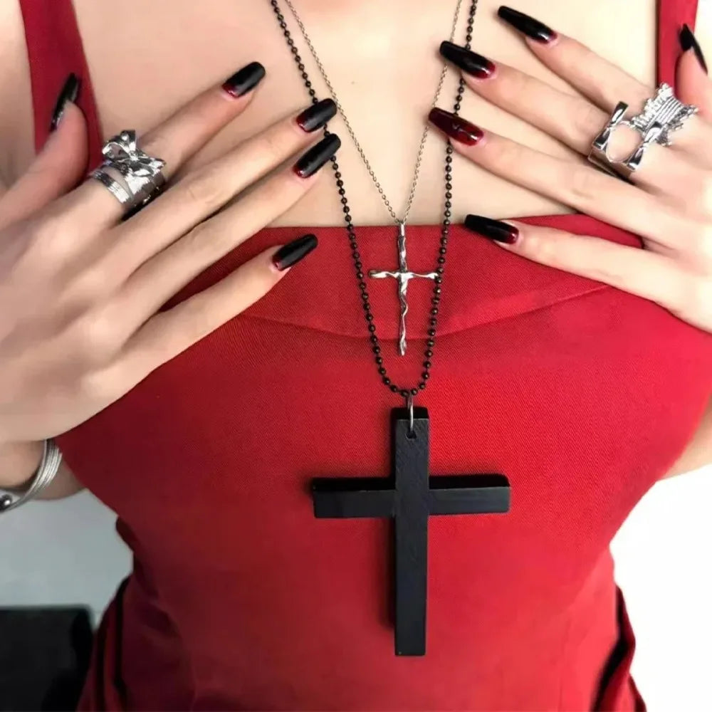 Punk Wooden Cross Pendant Necklace, Gothic product photo 3