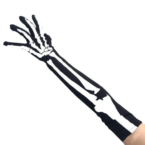 A black arm sleeve with white skeleton bone print covering the hand and forearm, shown against a plain white background.