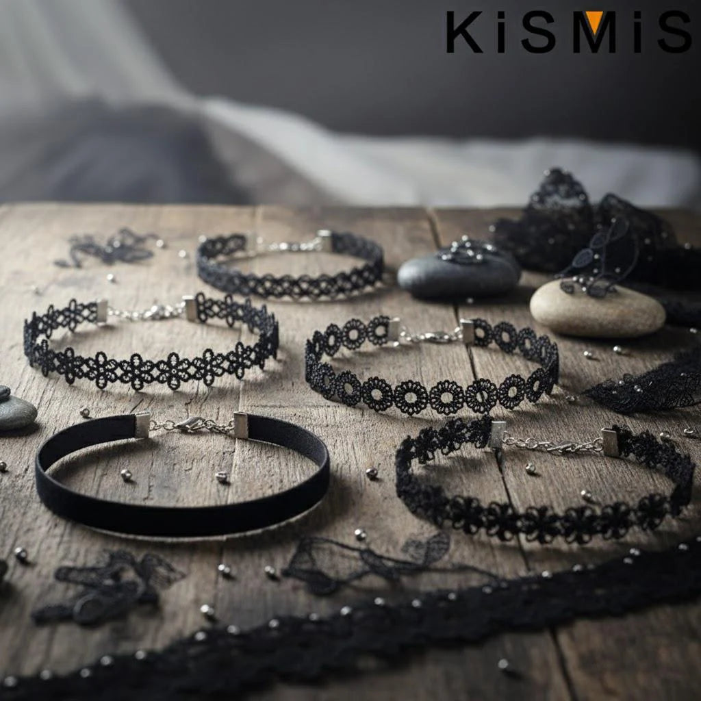 Black lace gothic choker necklace set 6 piece, view 2