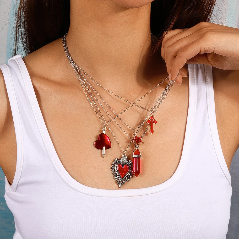 Gothic religious cross and red heart pendant necklace set view 1