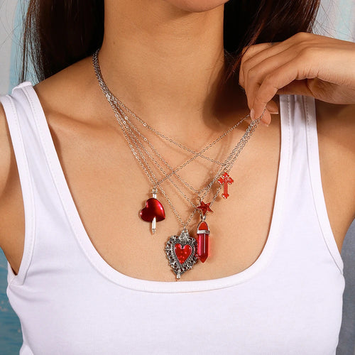 Gothic religious cross and red heart pendant necklace set view 1
