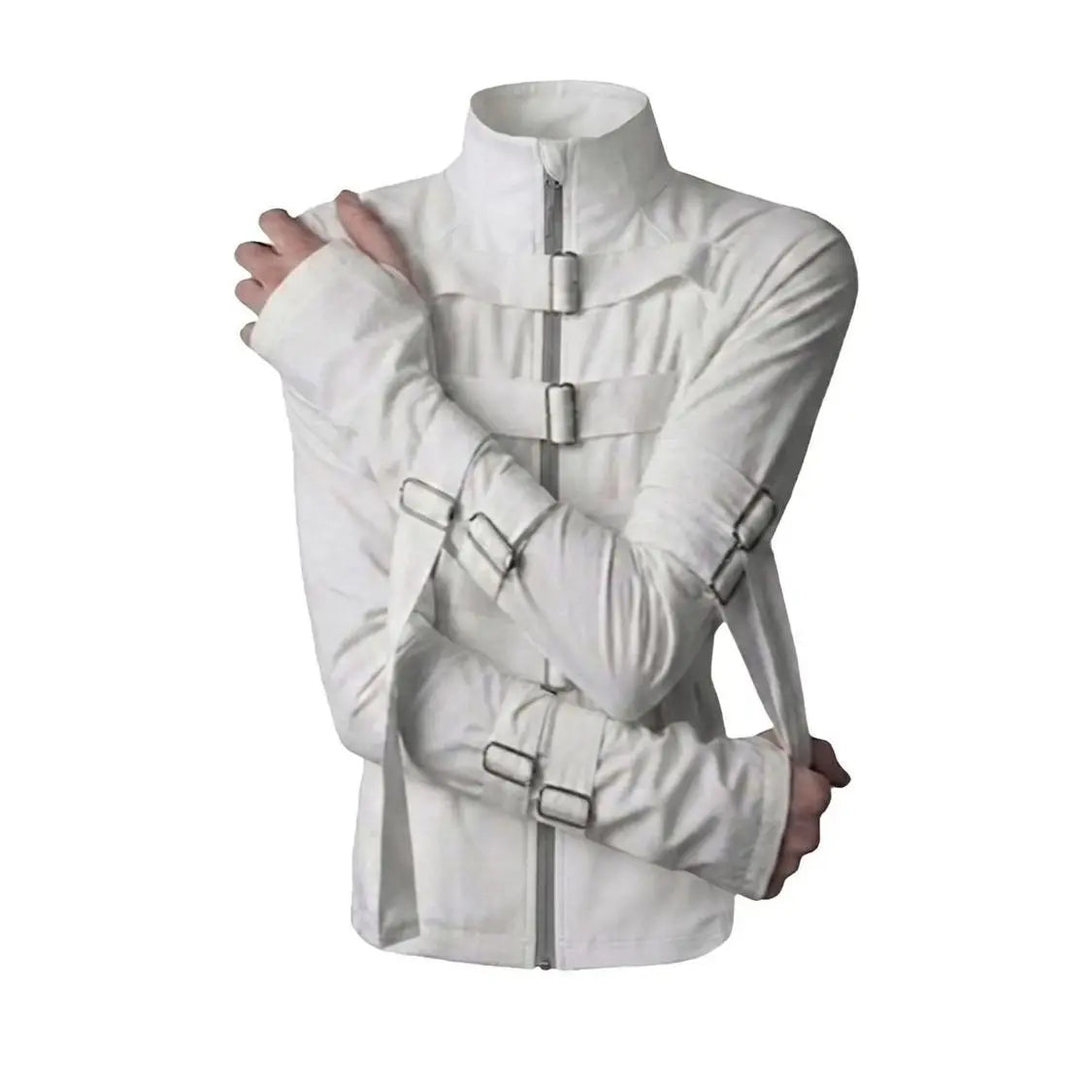 A white buckle strap asylum jacket with tall collar, metal buckle straps across the chest and crossed arms, shown against a black background.
