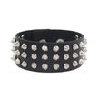 Black PU leather cuff set with three rows of pointed silver cone spikes on a wider band.