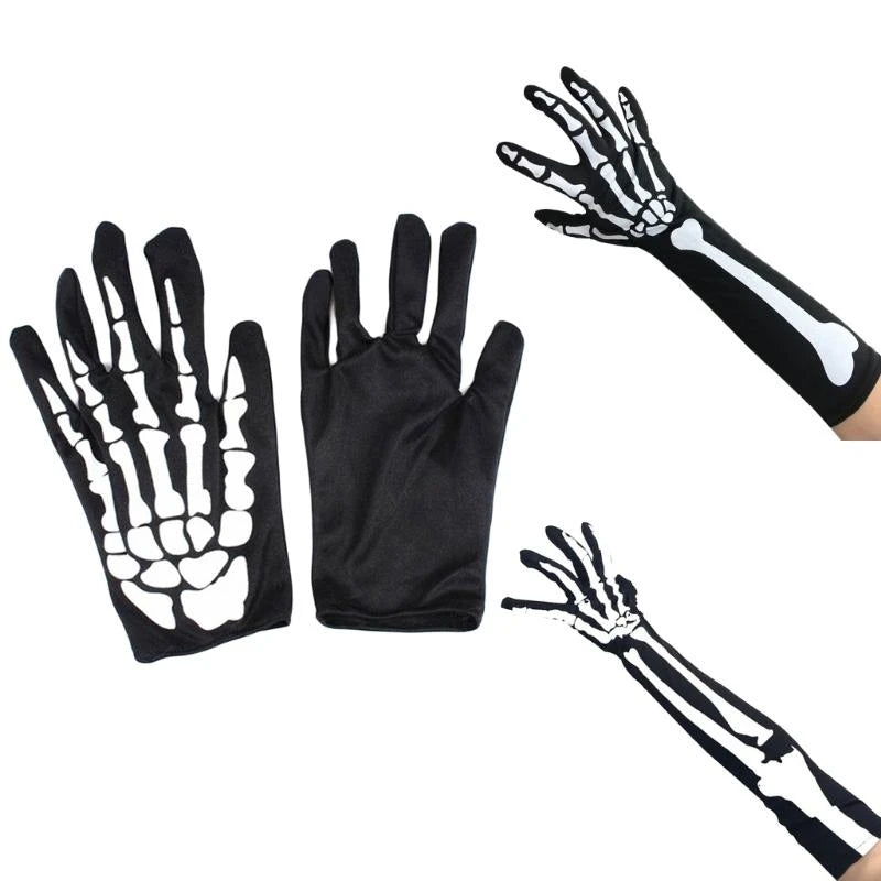 Black stretch gloves with white skeleton bone print on the hand and forearm, shown against a plain white background.