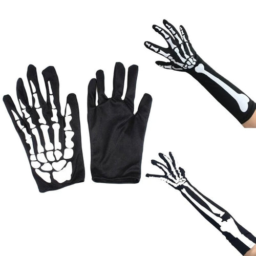 Black stretch gloves with white skeleton bone print on the hand and forearm, shown against a plain white background.