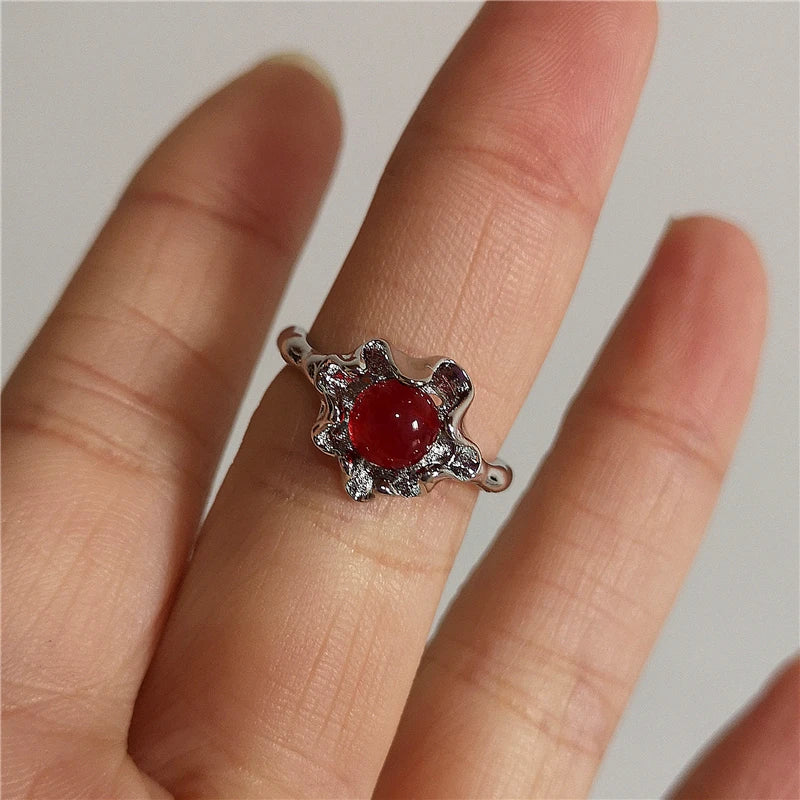 Silver Flower Halo Red Cabochon Ring