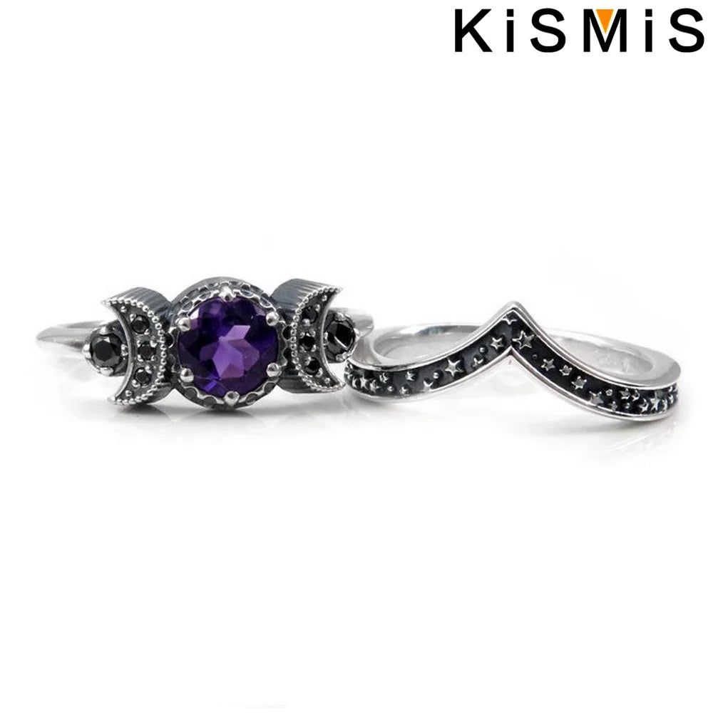 Triple moon goddess witch rings set, view 3