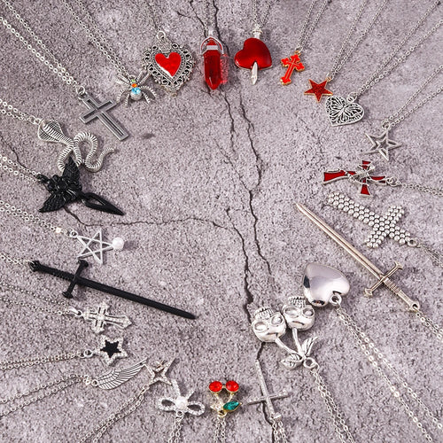 Gothic religious cross and red heart pendant necklace set view 2