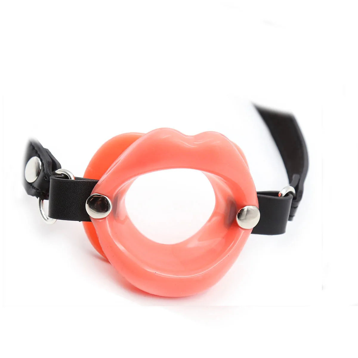 Transparent silicone lips open-mouth gag on an adjustable black strap