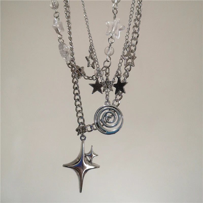 Punk vortex star layered necklace 3-piece set, view 3