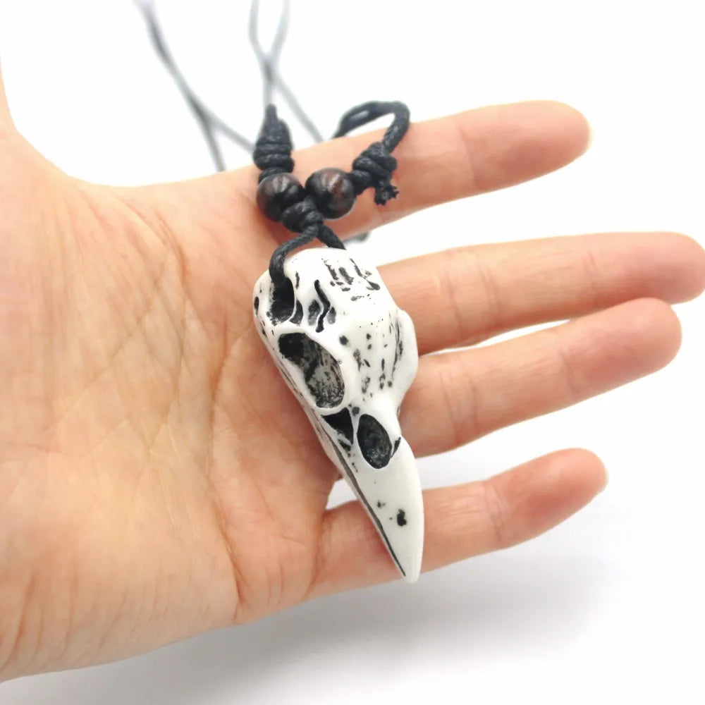 Gothic crow skull resin pendant necklace view 1
