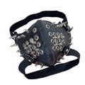 Black faux leather punk-style face mask bag covered in silver spikes and metal grommets, with an adjustable black webbing strap.