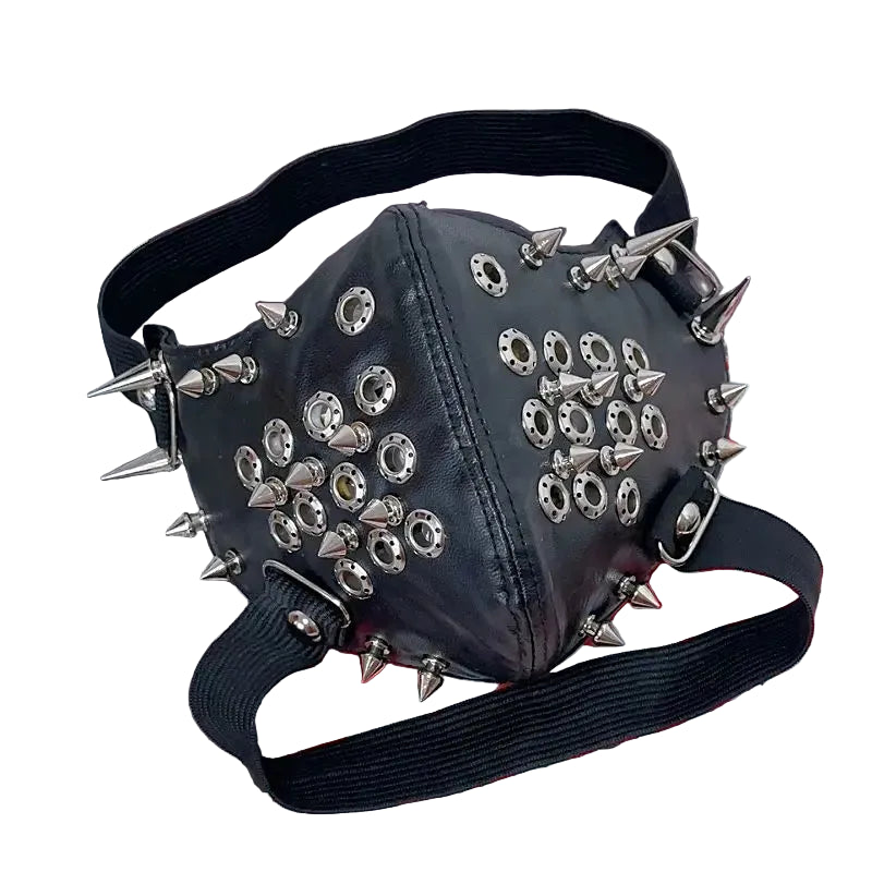 Black faux leather punk-style face mask bag covered in silver spikes and metal grommets, with an adjustable black webbing strap.