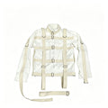 Beige canvas straitjacket with front buckle straps and long sleeves