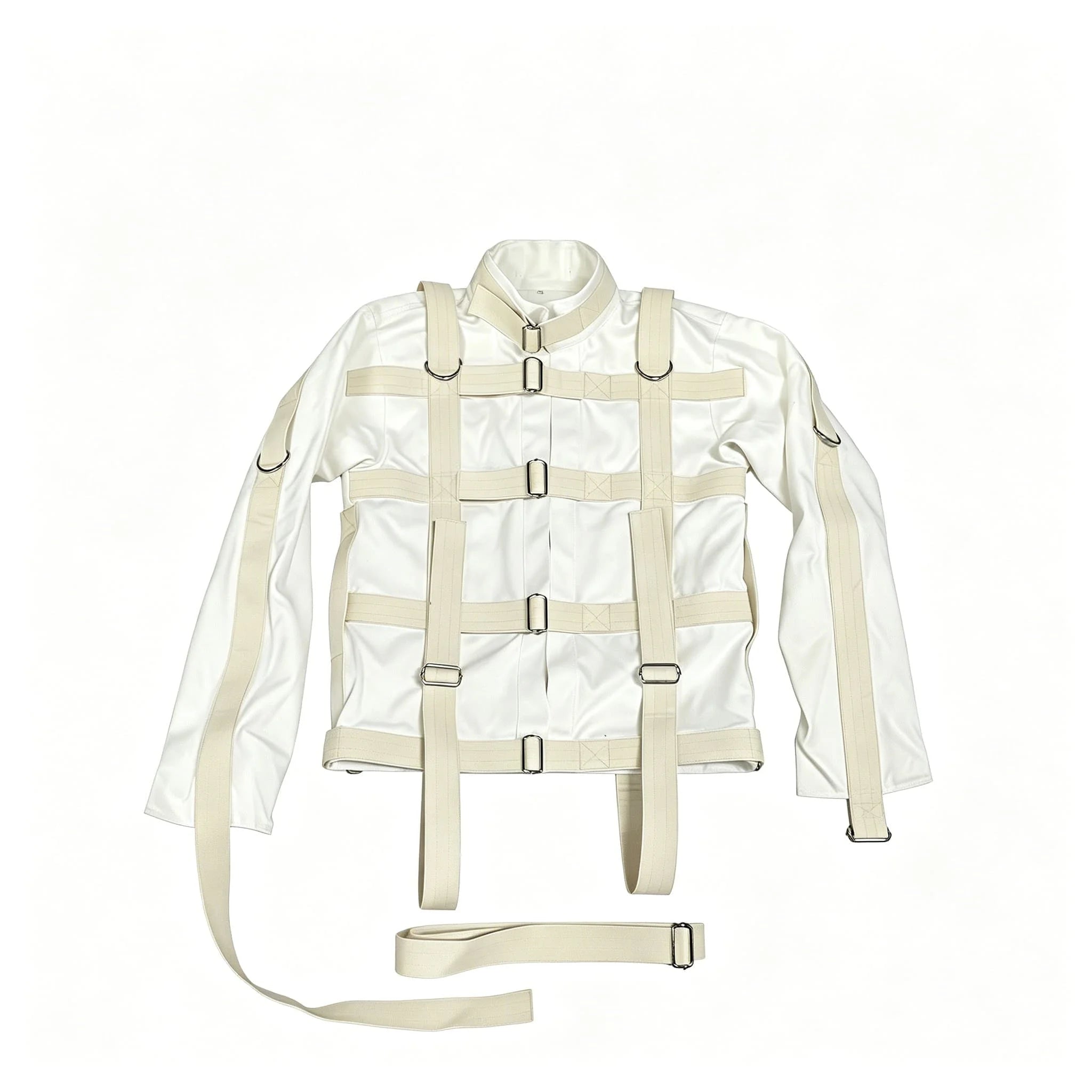Beige canvas straitjacket with front buckle straps and long sleeves