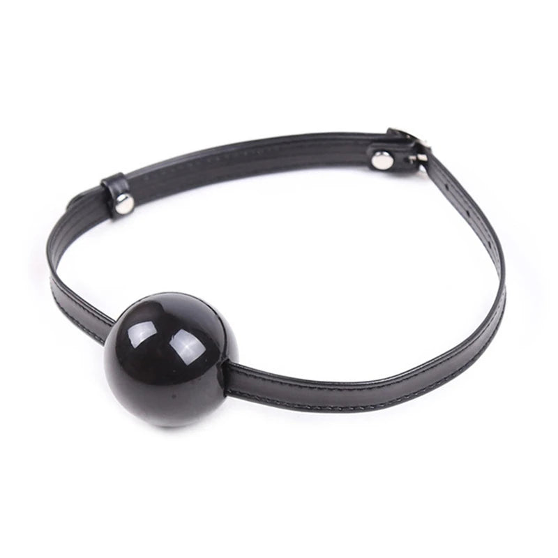 Black silicone ball gag on an adjustable black PU leather strap with a metal buckle.