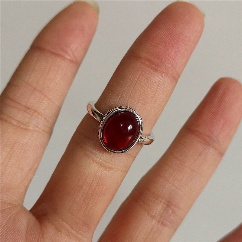 Silver Oval Red Cabochon Ring
