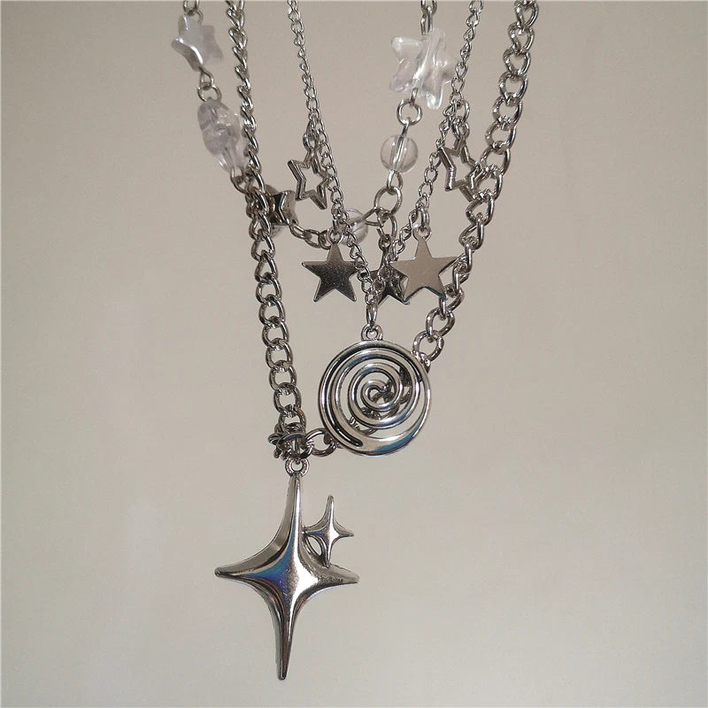 Punk vortex star layered necklace 3-piece set, view 1