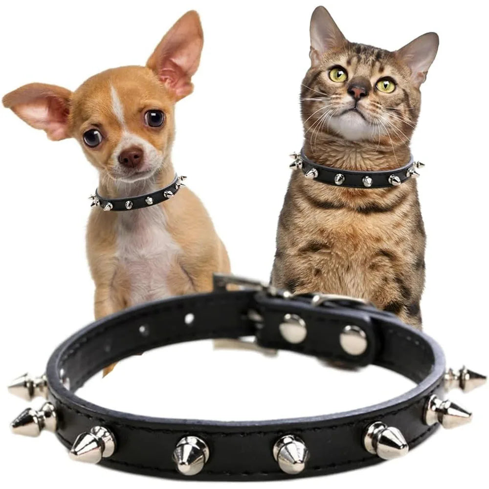 A black spiked studded PU leather dog collar with metal spike rivets and buckle closure, shown against a plain white background.
