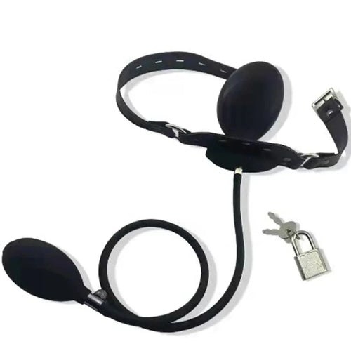 Black leather leash with a padlock on a white background