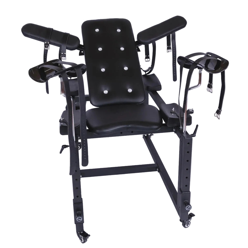 A padded restraint chair built on an adjustable black metal frame.