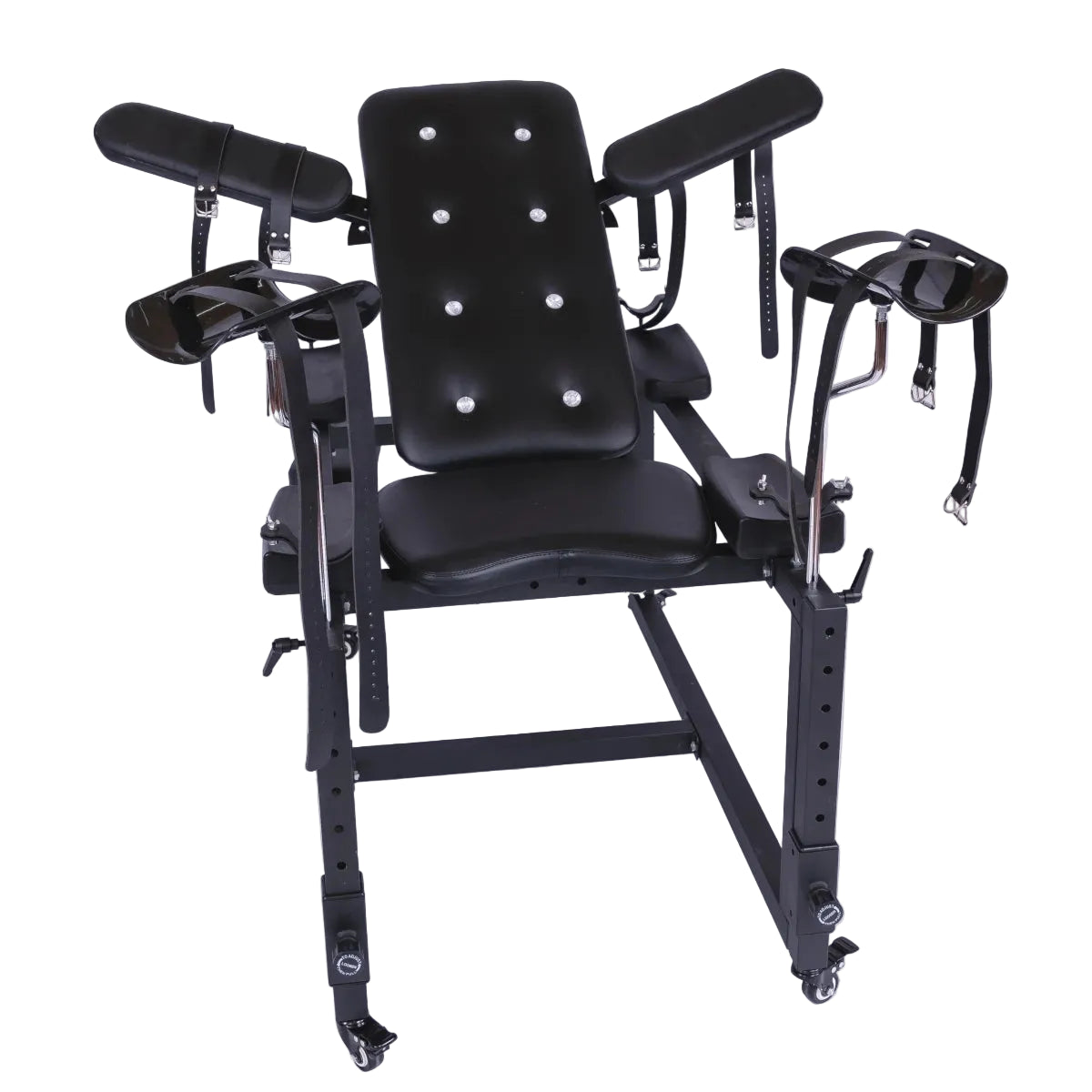 A padded restraint chair built on an adjustable black metal frame.