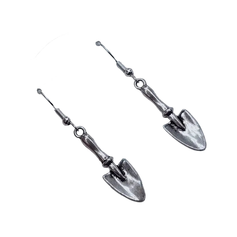 Silver shovel dangle earrings, spade-shaped charms on hook earrings