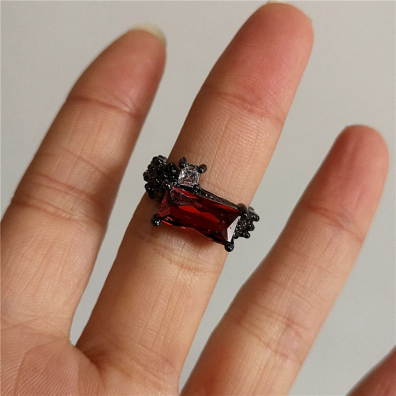 Black Coffin-Cut Red Stone Ring