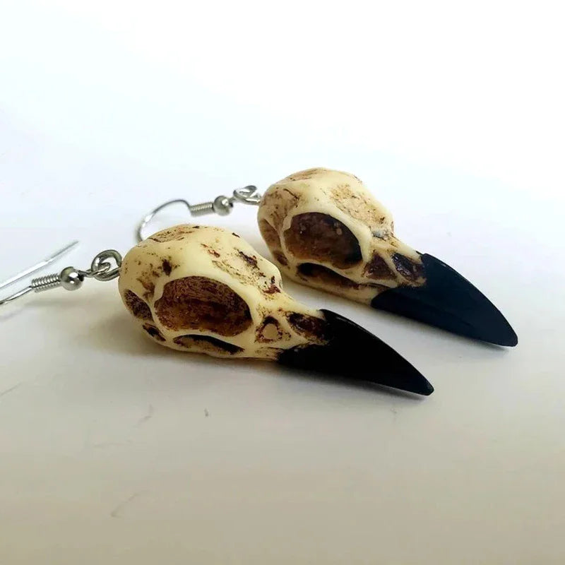 3D resin raven crow skull earrings, view 3