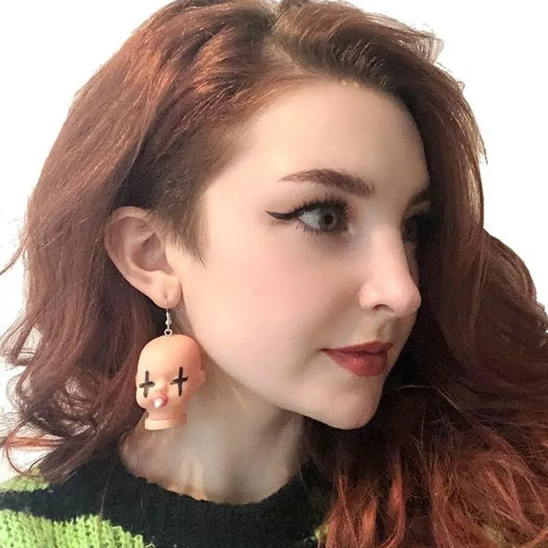 Yami kawaii doll head kitsch earrings, view 3