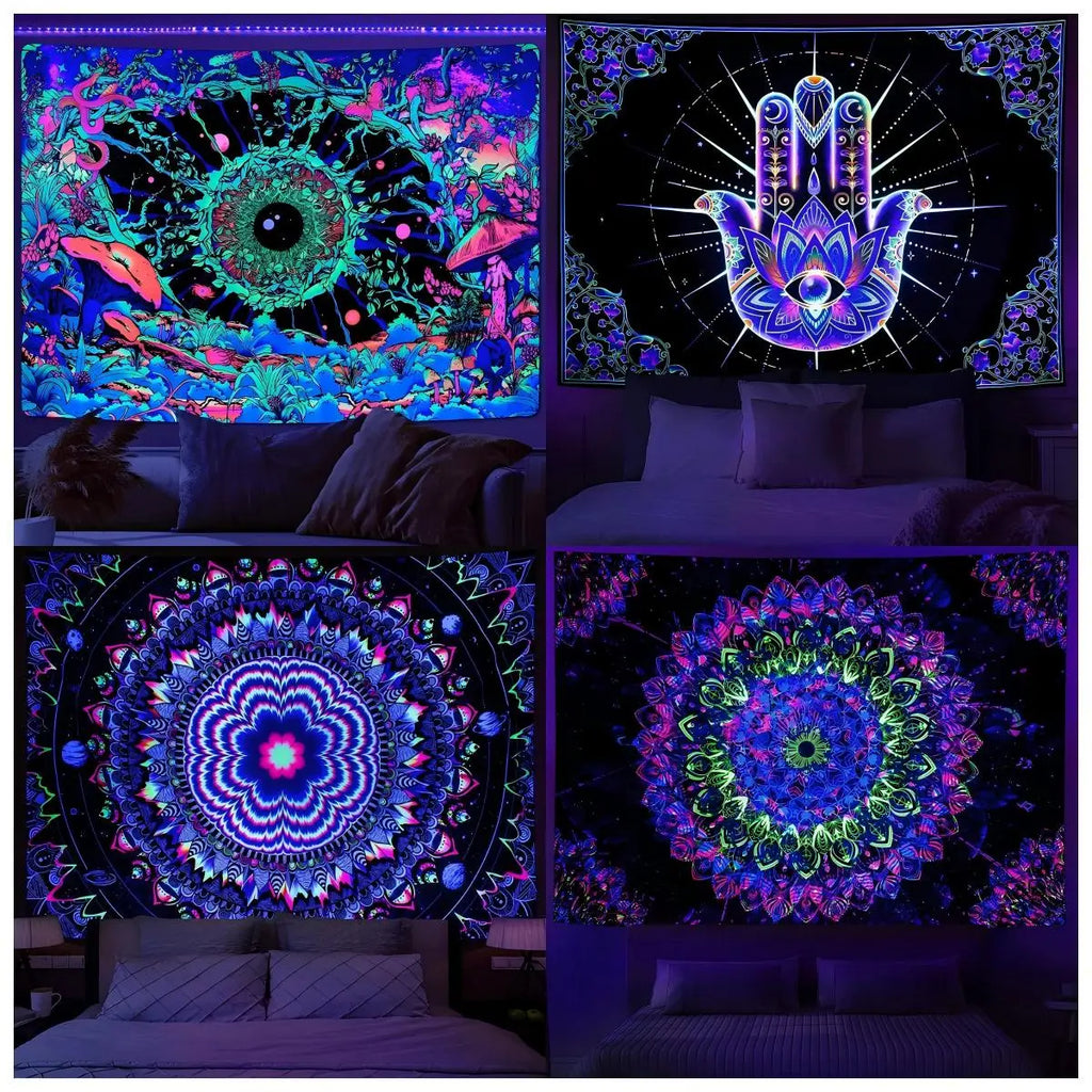 Neon Hamsa Hand Tapestry, Cosmic UV Wall Art
