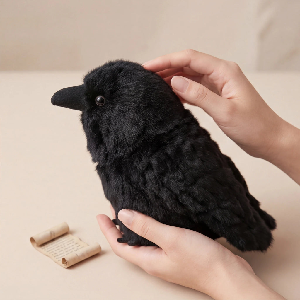 A realistic black crow plush toy with soft, layered feather detailing, a sculpted beak, and glassy eyes.