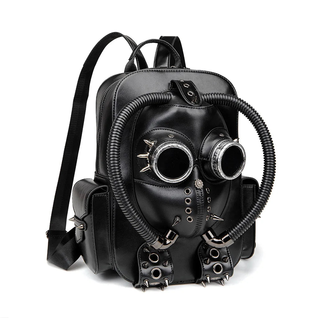 A black PU leather backpack with the front molded into a steampunk plague-doctor mask.