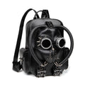 A black PU leather backpack with the front molded into a steampunk plague-doctor mask.
