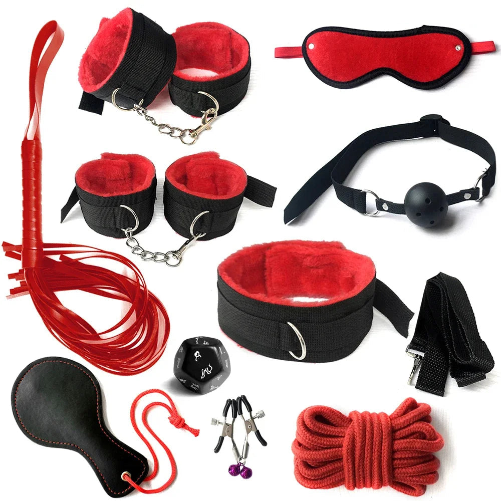Ten-piece red and black bondage kit with cuffs, gag, whip, and accessories