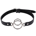 Double metal O-ring open-mouth gag on a black adjustable strap