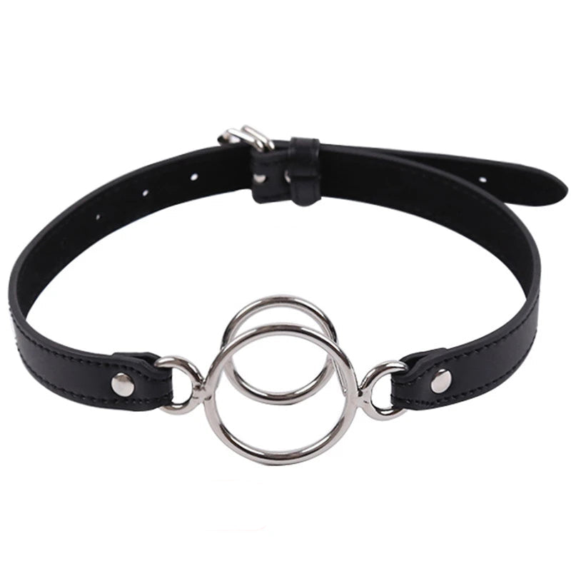 Double metal O-ring open-mouth gag on a black adjustable strap