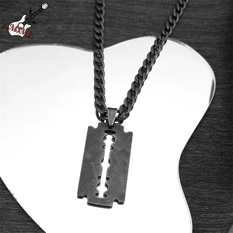 Razor Blade Pendant Necklace, Punk Steel