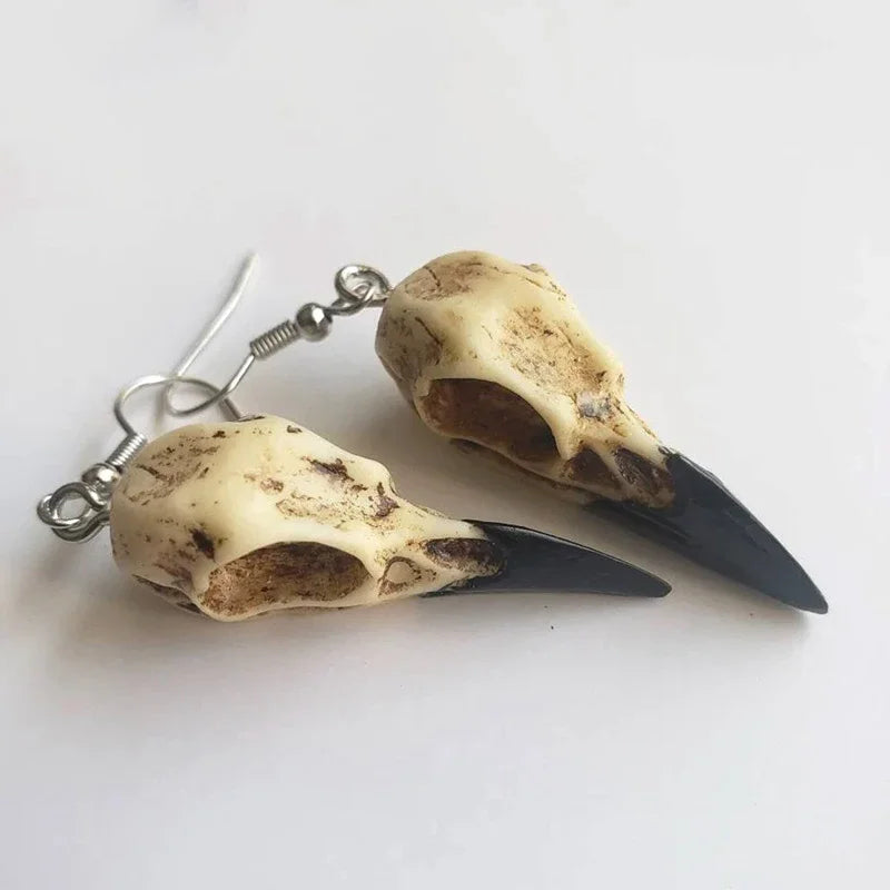 3D resin raven crow skull earrings, view 1