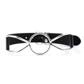 Stainless steel O-ring open-mouth gag on an adjustable black PU leather strap with buckle.