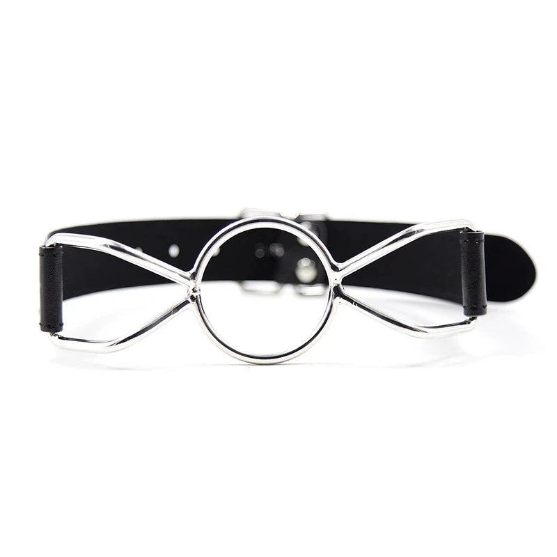 Stainless steel O-ring open-mouth gag on an adjustable black PU leather strap with buckle.